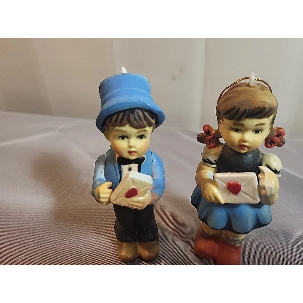 Vintage  Christmas Ornaments Made In Macau Set -‎ Boy and Girl with Heart...